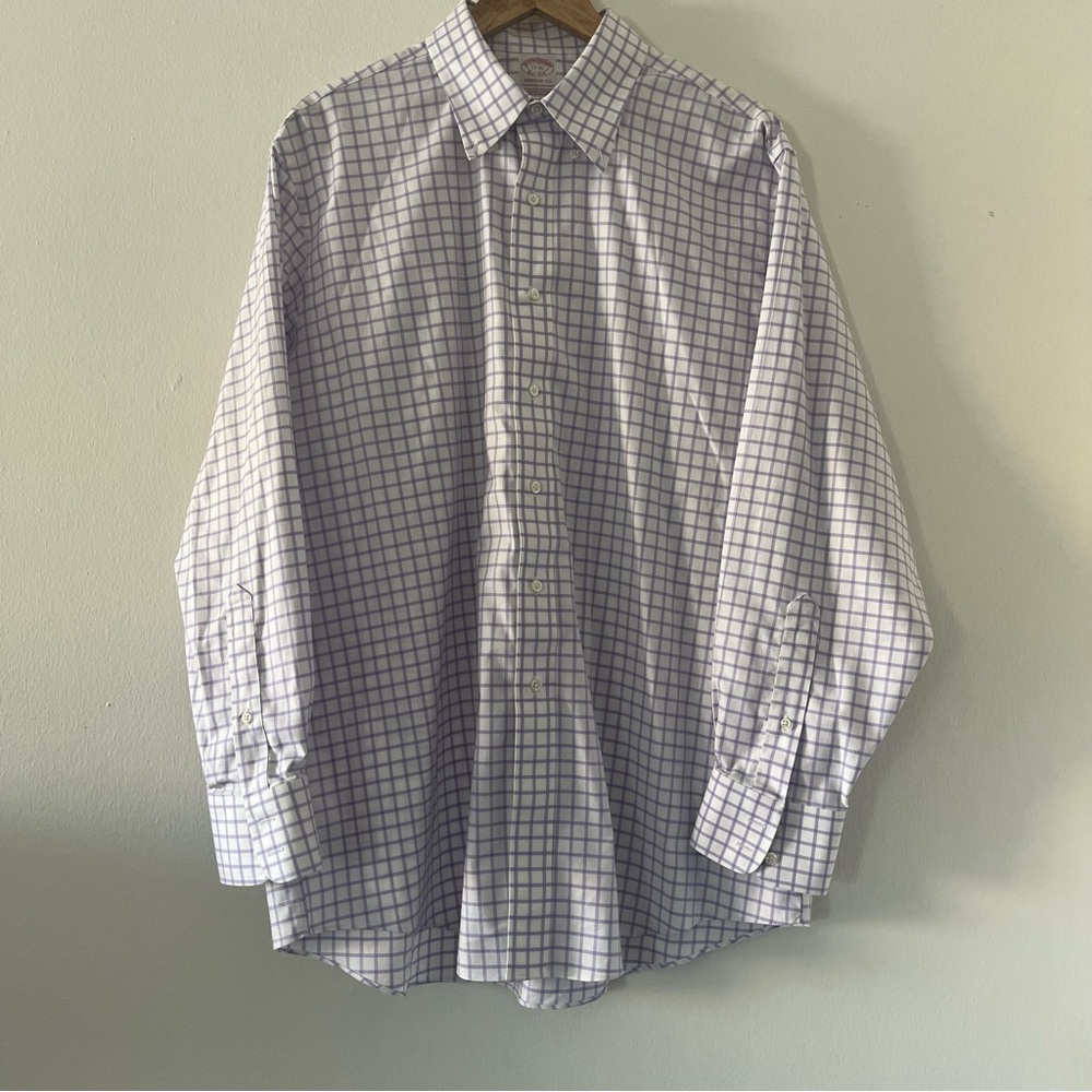 Brooks Brothers Madison Fit Non-Iron Stretch Shirt 17-35 White Purple Check
